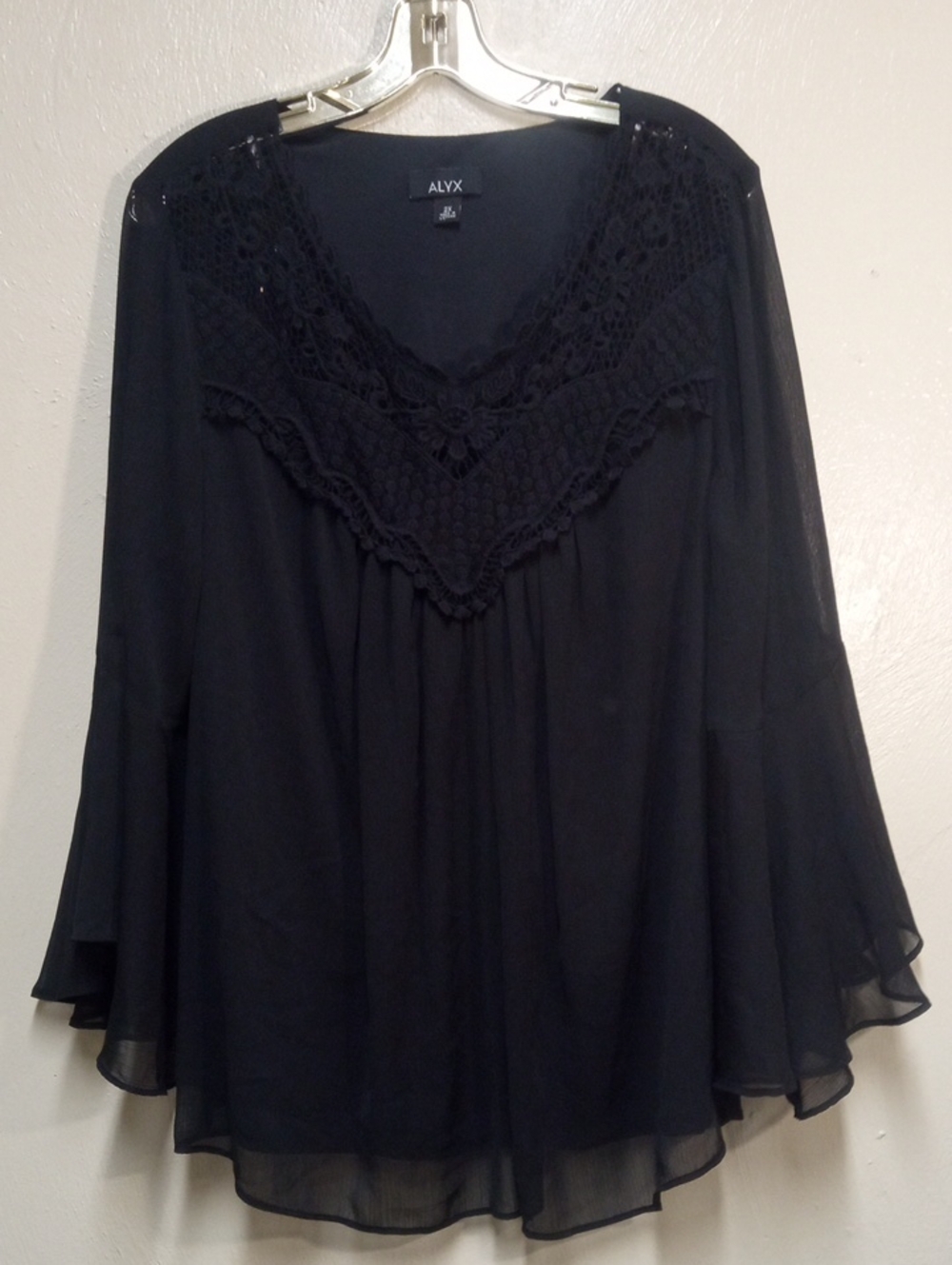 Plus Size 2X black V-neck blouse crochet sheer chiffon fabric lace overlay Alyx